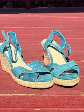Talbot’s Teal Women's Espadrille Wedge Sandals - Strappy Ankle Strap